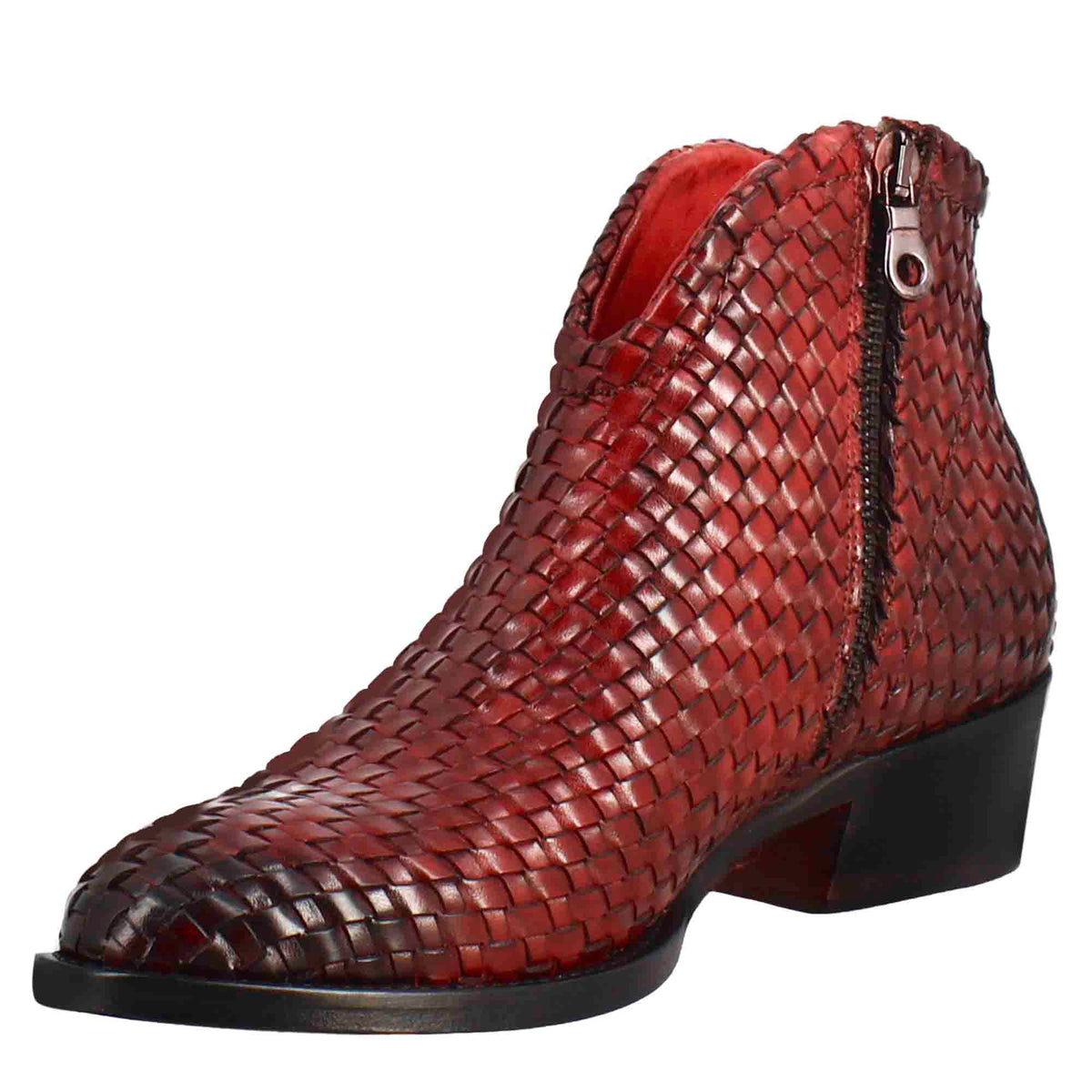 Stivaletto da donna in pelle intrecciata con tacco medio colore rosso - LeonardoShoes