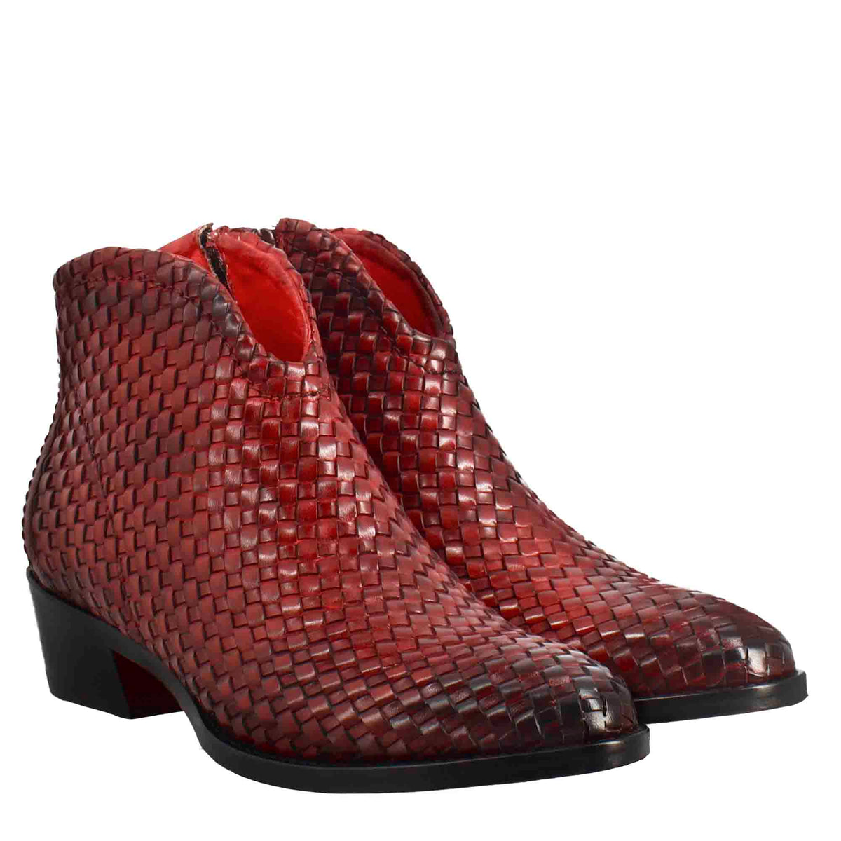 Stivaletto da donna in pelle intrecciata con tacco medio colore rosso - LeonardoShoes
