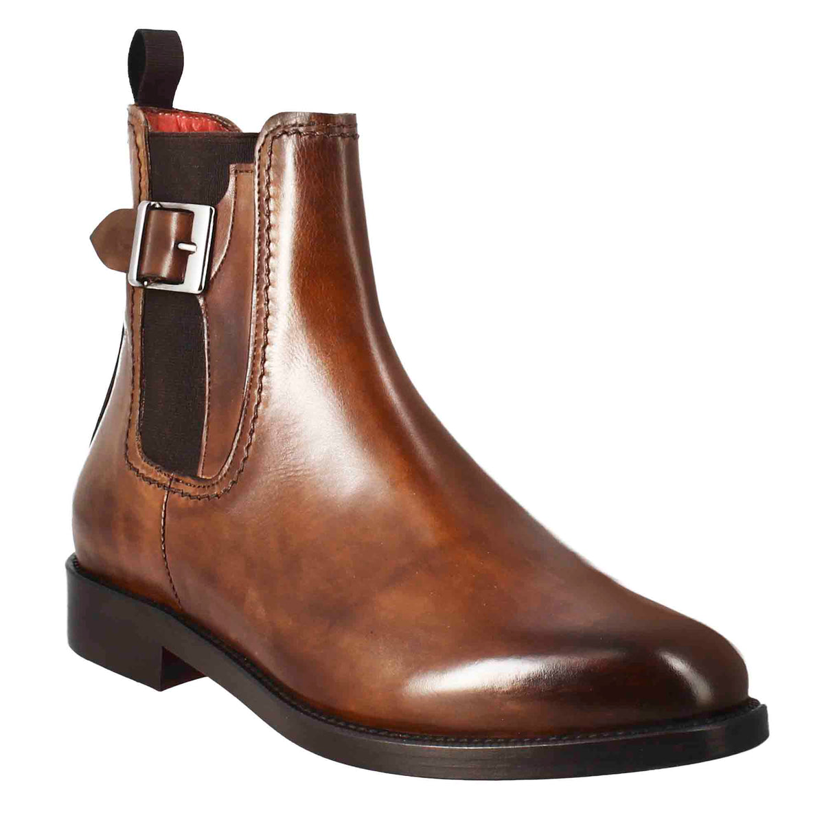 Stivaletto da donna liscio con tacco basso in pelle liscia colore marrone chiaro con fibbia laterale - LeonardoShoes