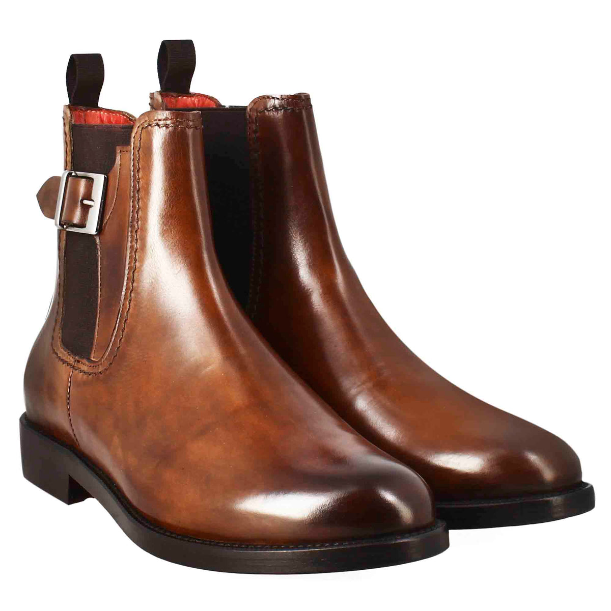 Stivaletto da donna liscio con tacco basso in pelle liscia colore marrone chiaro con fibbia laterale - LeonardoShoes