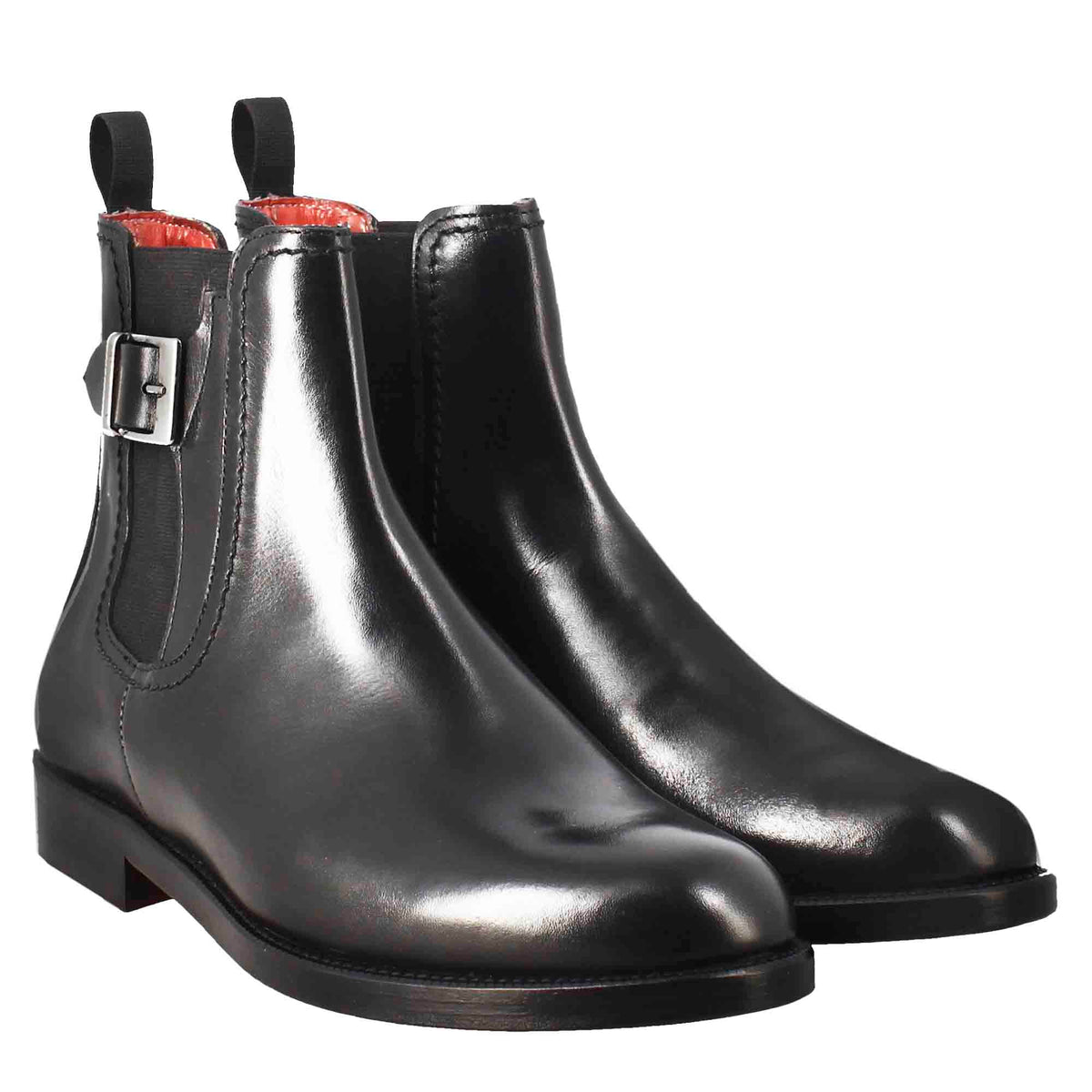 Stivaletto da donna liscio con tacco basso in pelle liscia colore nero con fibbia laterale - LeonardoShoes