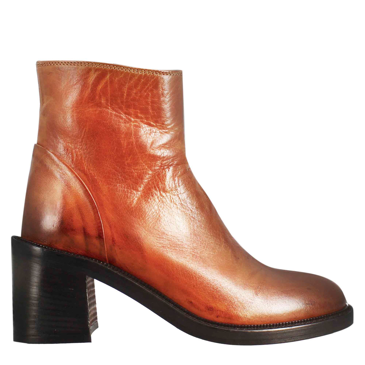 Stivaletto diver basso da donna con tacco in pelle lavata colore cuoio scuro - LeonardoShoes