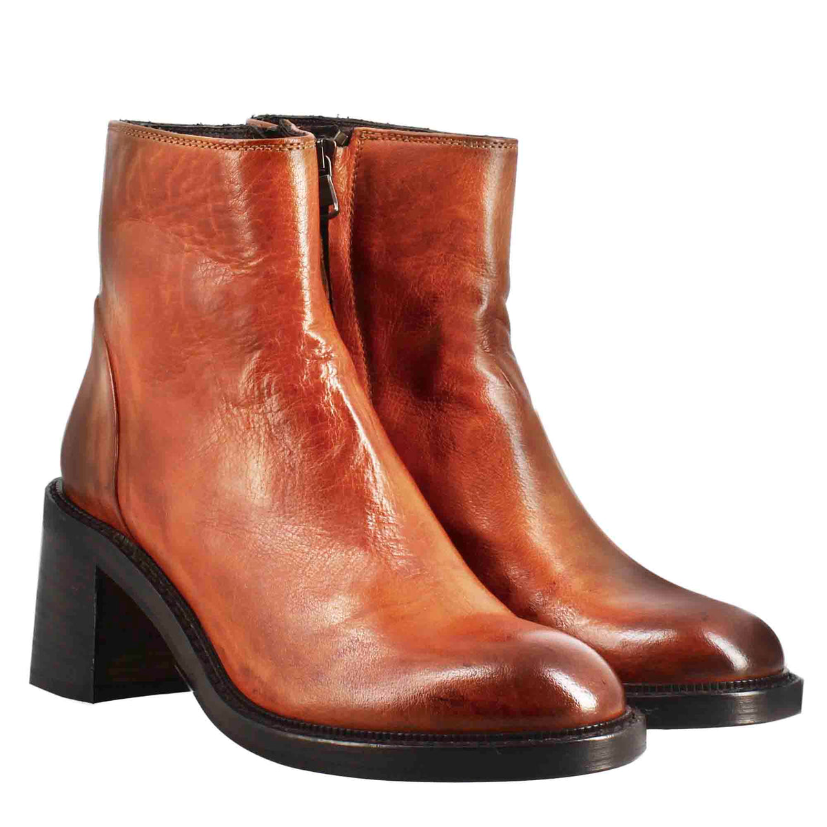 Stivaletto diver basso da donna con tacco in pelle lavata colore cuoio scuro - LeonardoShoes