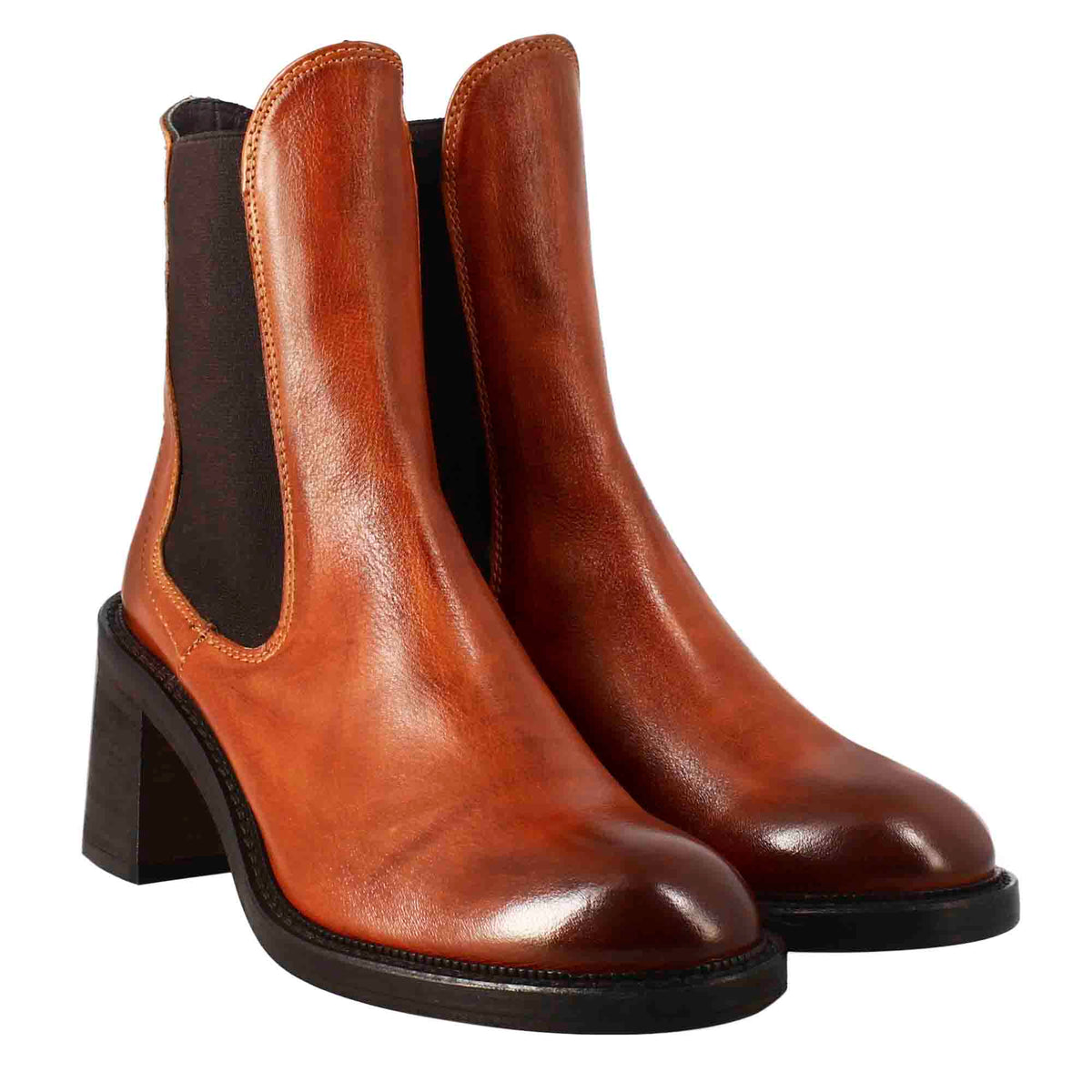 Stivaletto diver chelsea da donna con tacco in pelle lavata colore cuoio - LeonardoShoes
