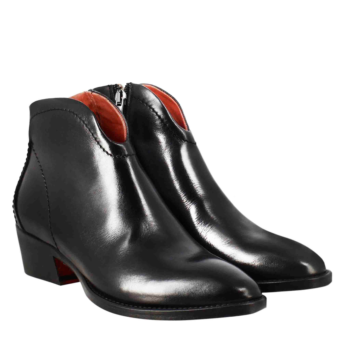 Stivaletto da donna liscio con tacco medio in pelle colore nero - LeonardoShoes