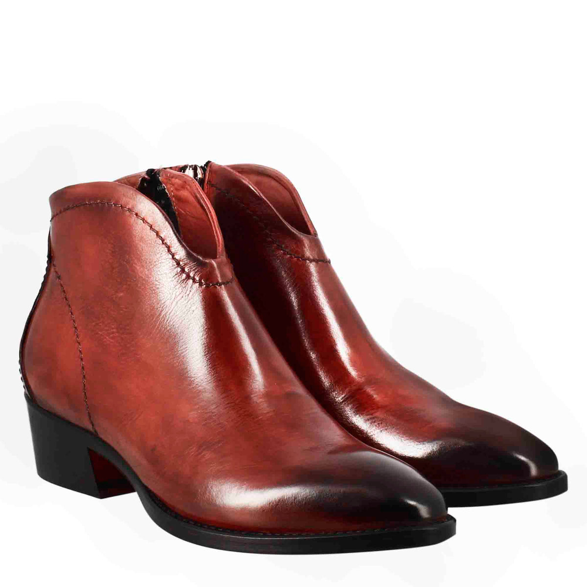 Stivaletto da donna liscio con tacco medio in pelle colore rosso - LeonardoShoes