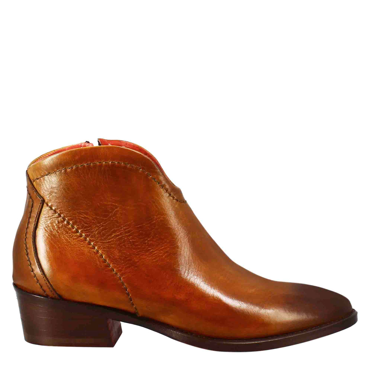 Stivaletto da donna liscio con tacco medio in pelle colore marrone chiaro - LeonardoShoes