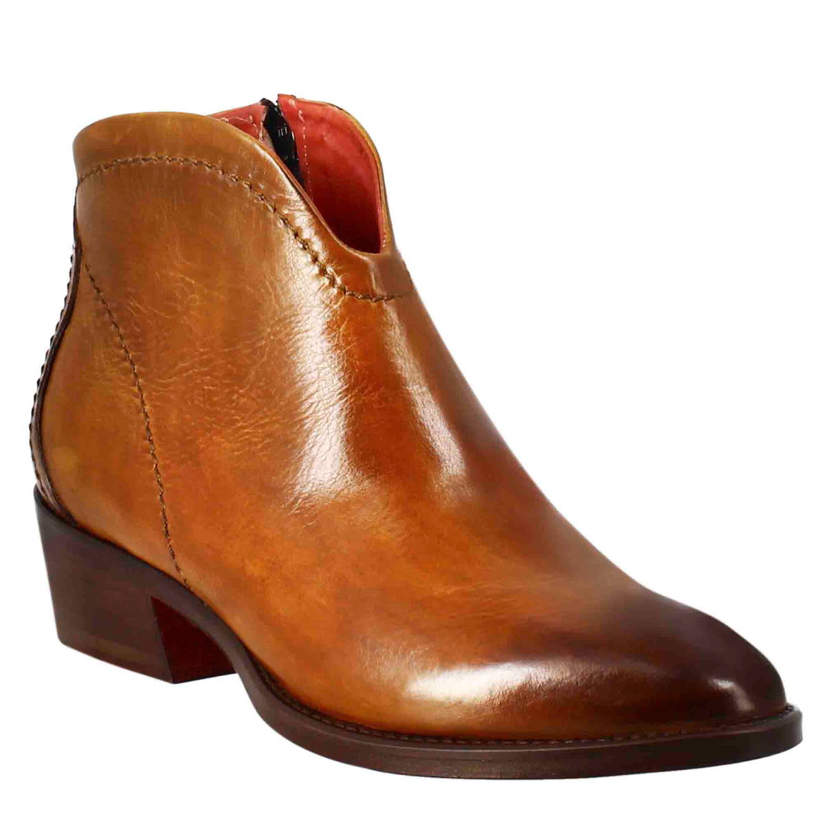 Stivaletto da donna liscio con tacco medio in pelle colore marrone chiaro - LeonardoShoes
