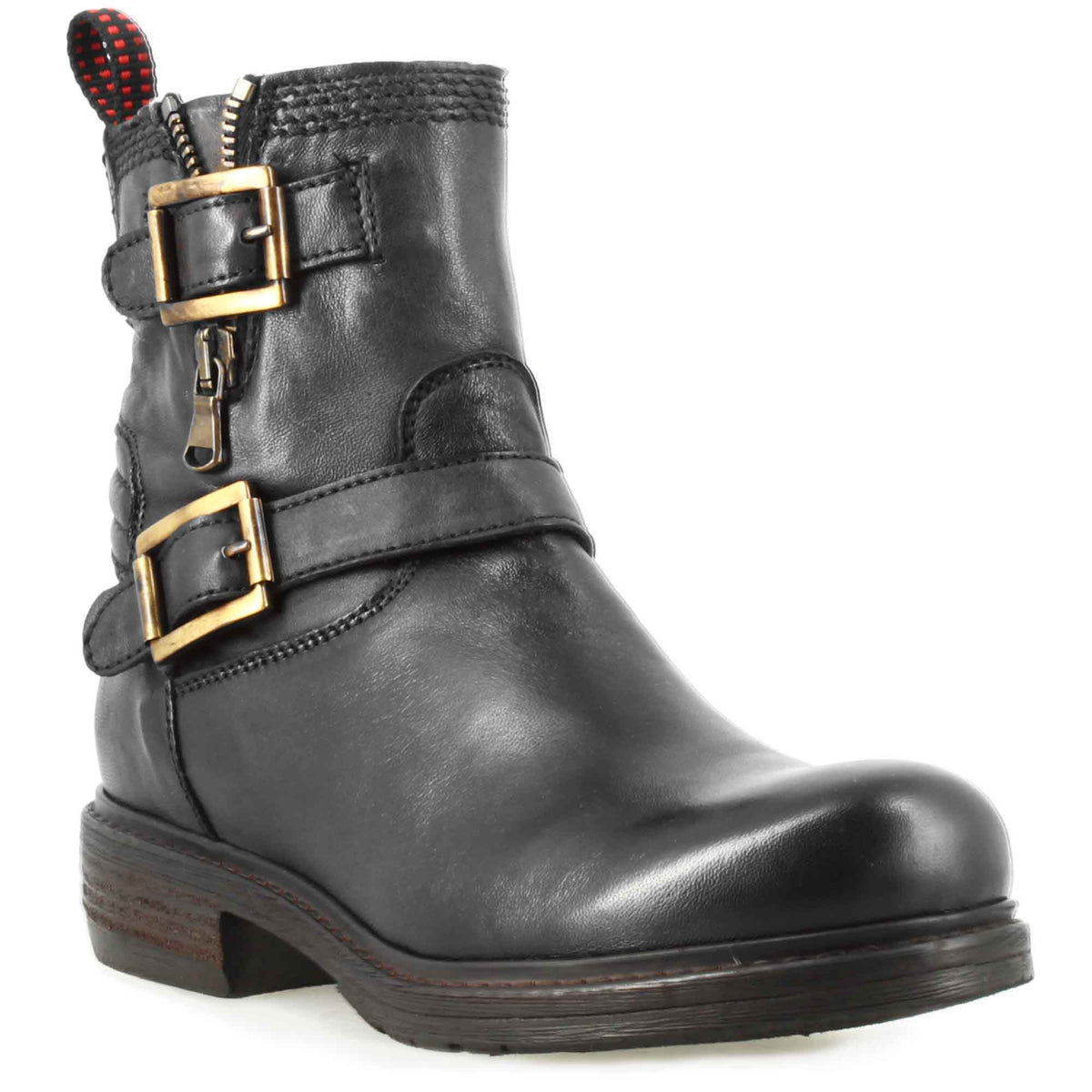 Stivaletto da donna con doppia fibbia in vera pelle colore nero - LeonardoShoes