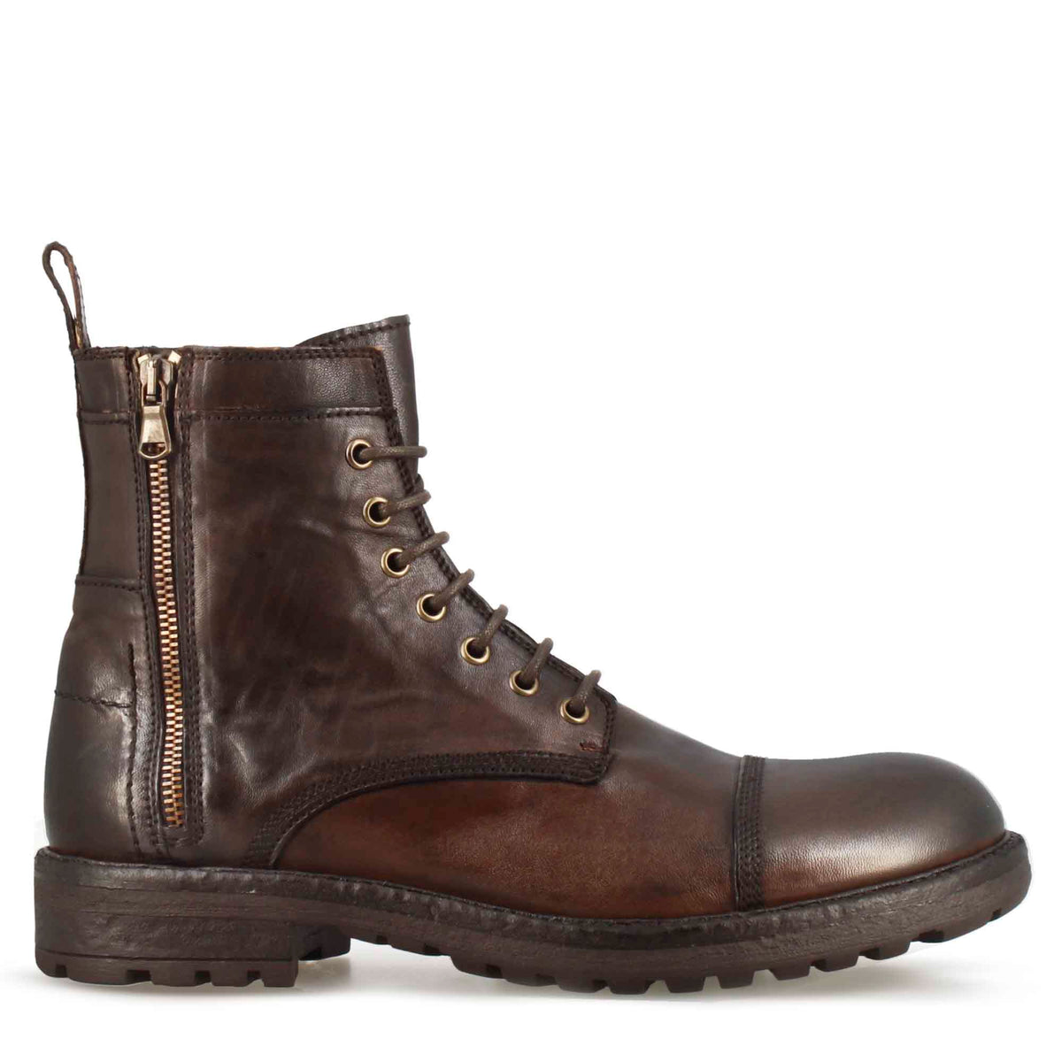Anfibio da uomo in pelle marrone scuro con allacciatura e cerniera - LeonardoShoes