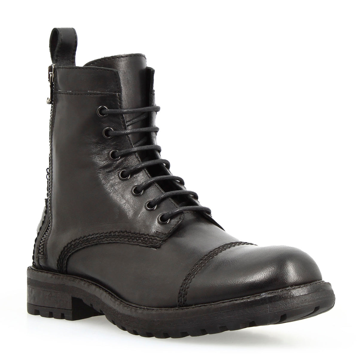 Anfibio da uomo in pelle nera con allacciatura e doppia cerniera - LeonardoShoes