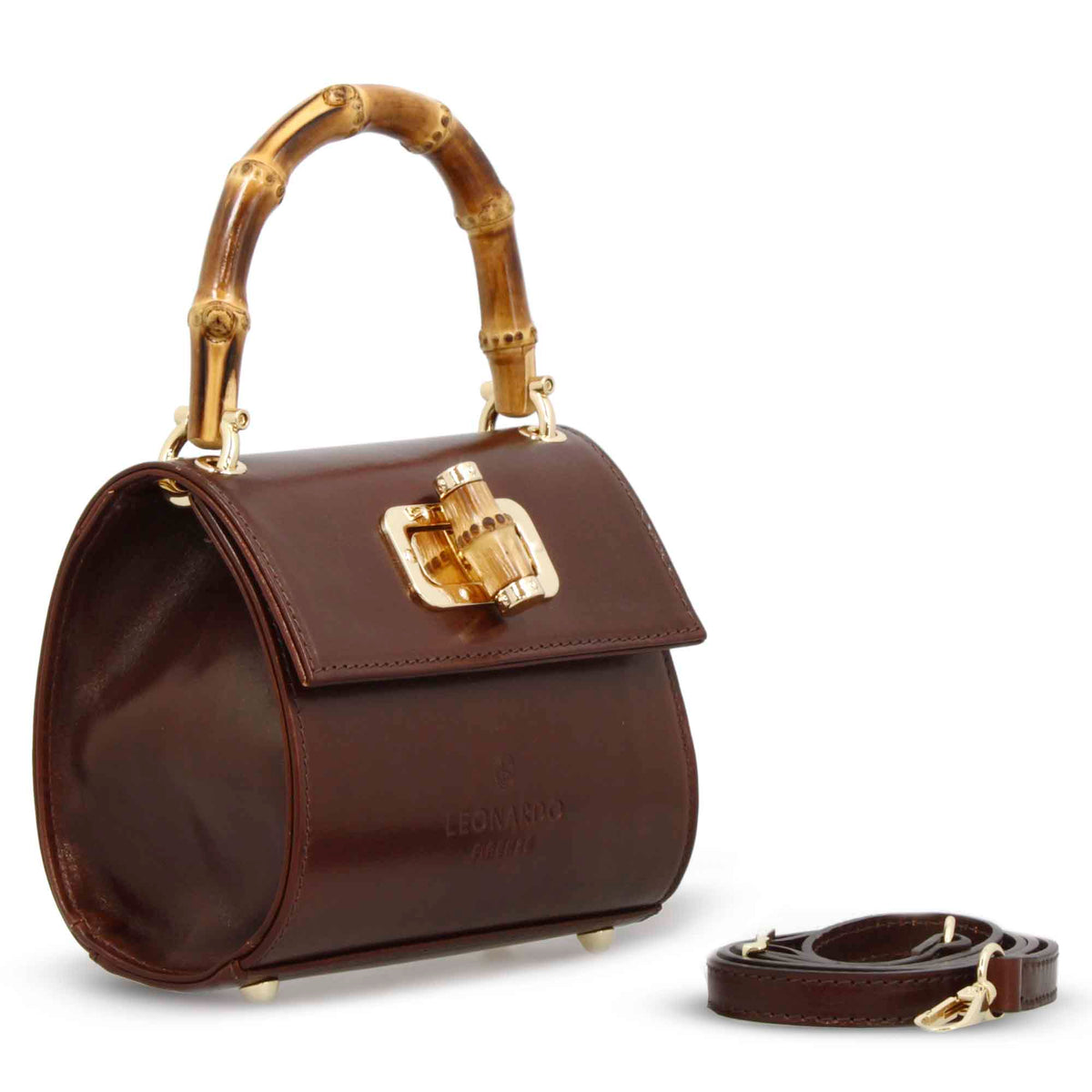 Borsa a mano artigianale da donna in pelle marrone scuro con manico bambù - LeonardoShoes