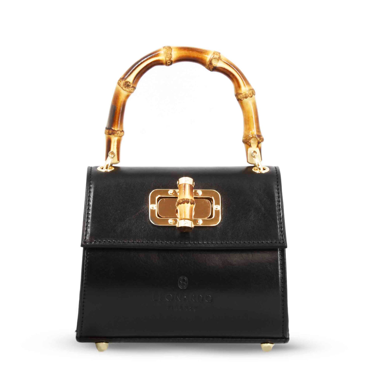 Borsa a mano artigianale da donna in pelle nera con manico bambù - LeonardoShoes