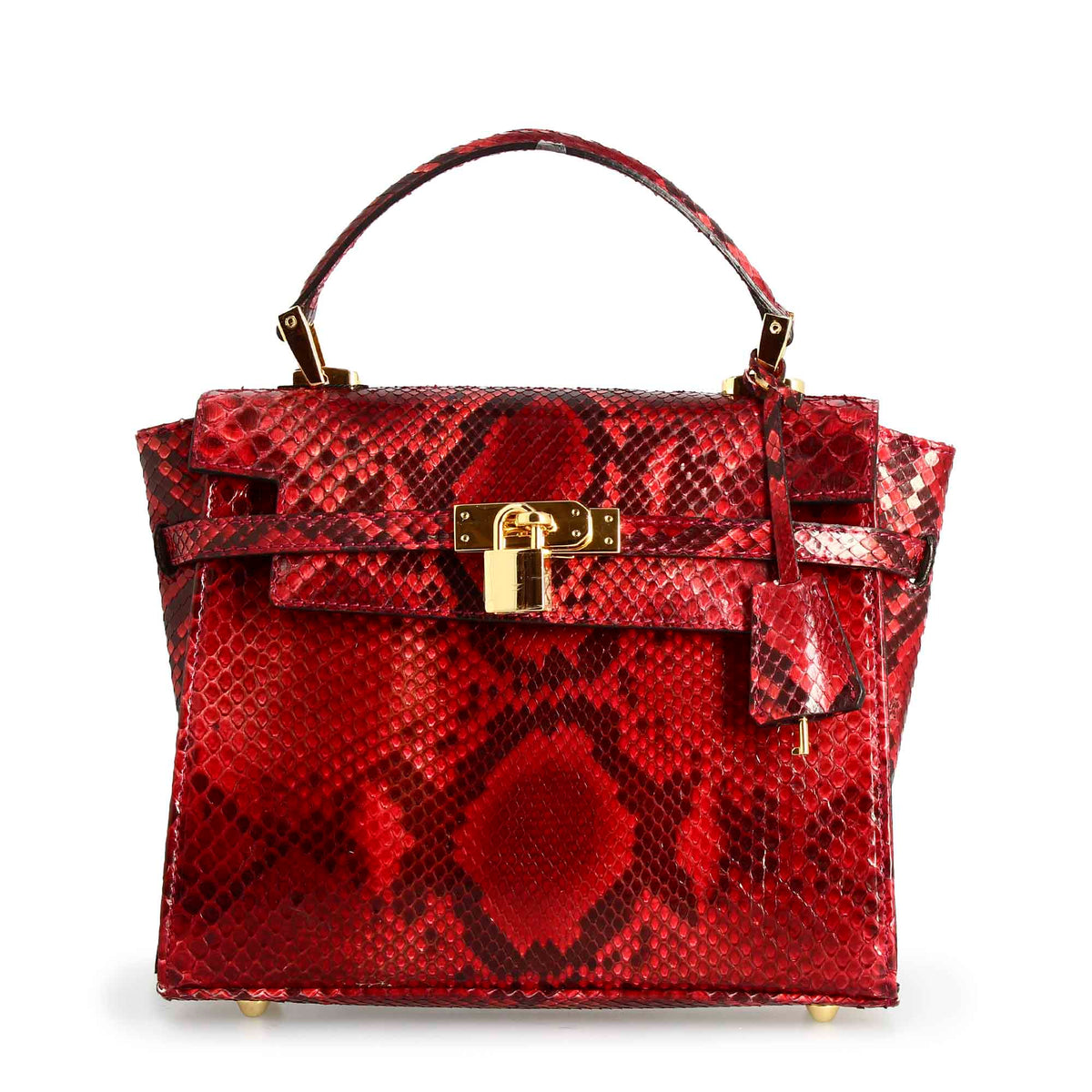Borsa a mano con tracolla da donna artigianale in pelle di pitone rossa