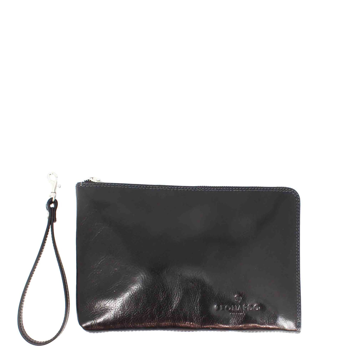 Piattina a mano grande in pelle pieno fiore con chiusura a zip e tre scomparti - LeonardoShoes