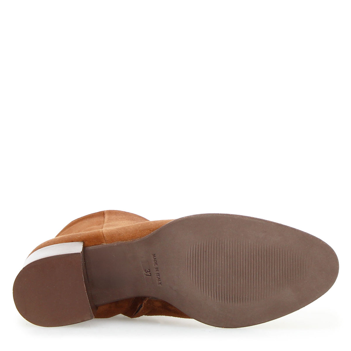 Rubber bottom of the Circe tan suede ankle boot made in Italy