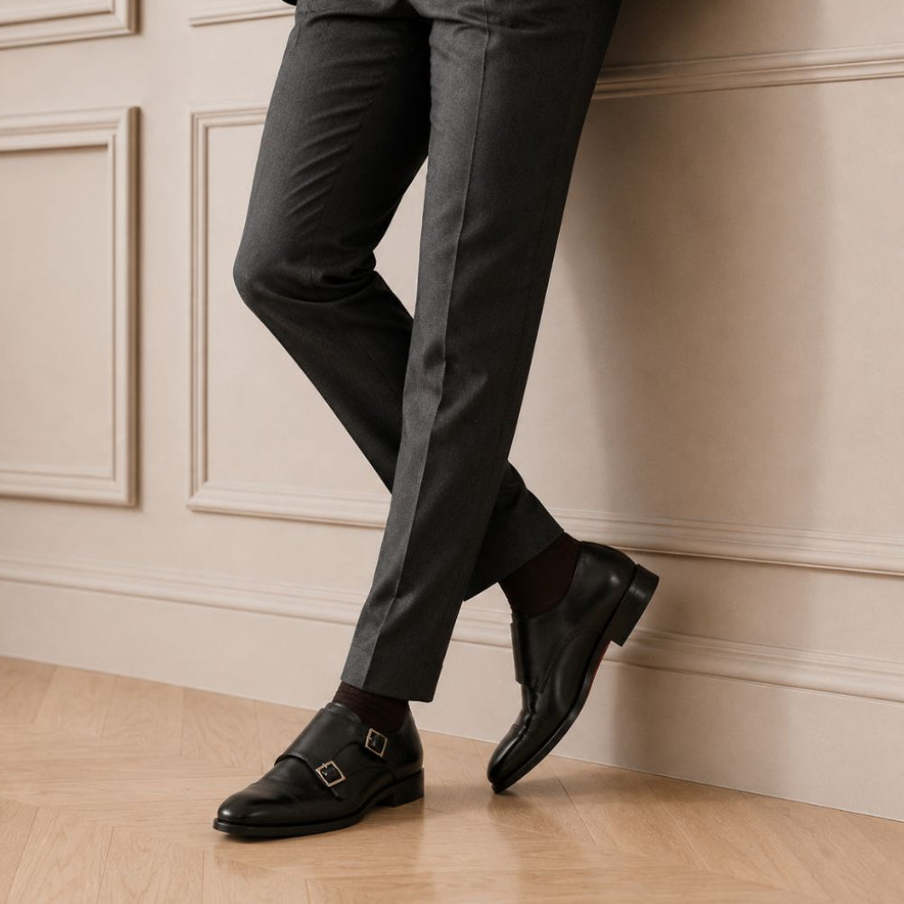 Doppia fibbia Achille da uomo in pelle nera - LeonardoShoes