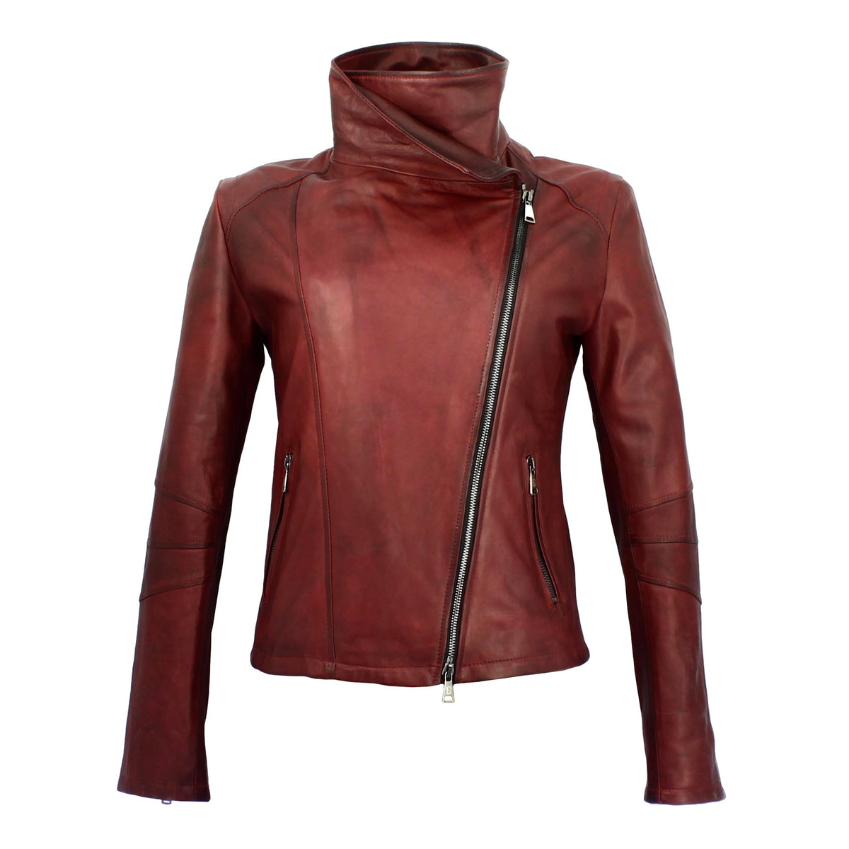 Giacca da donna in pelle bordeaux collo alto e doppio petto - LeonardoShoes