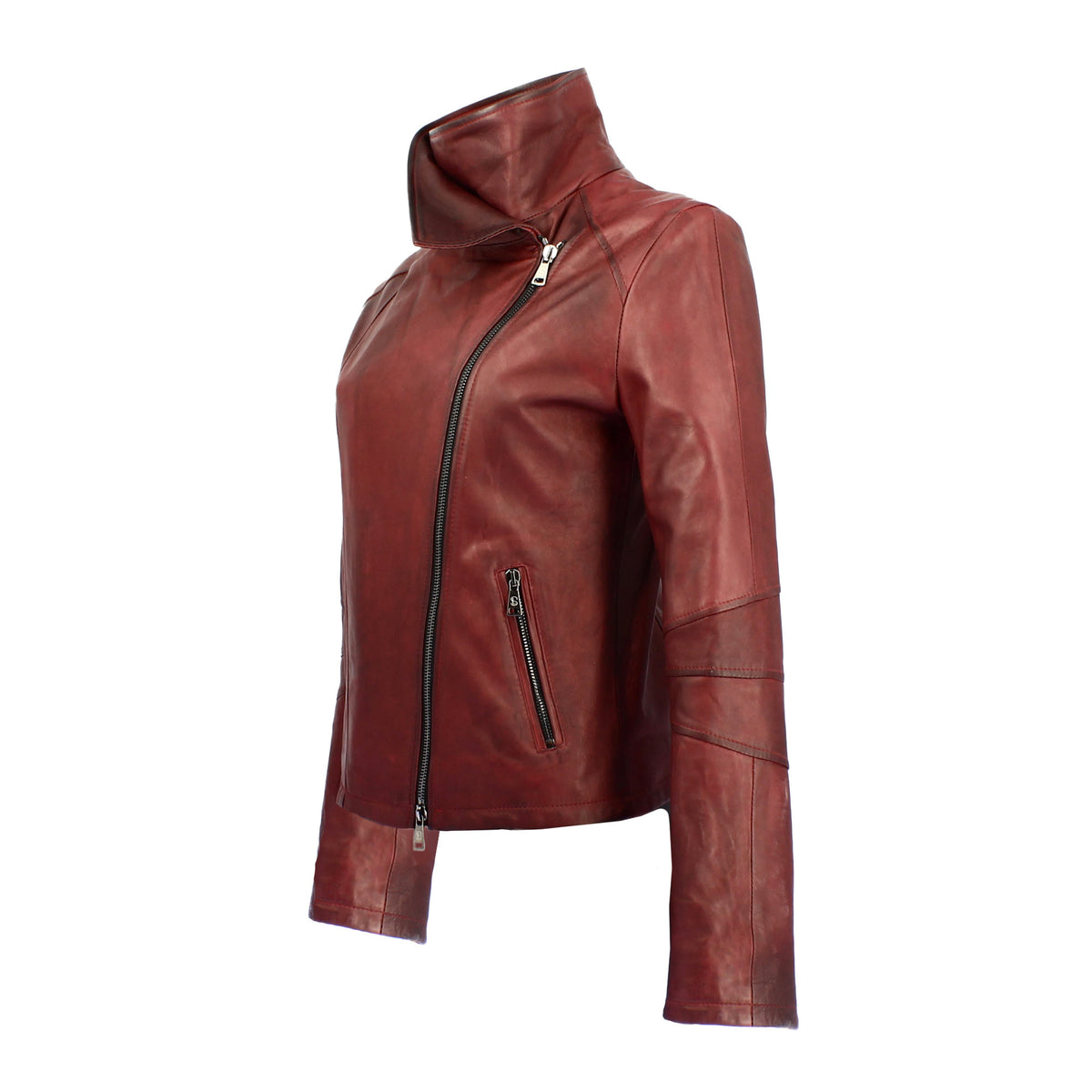 Giacca da donna in pelle bordeaux collo alto e doppio petto - LeonardoShoes