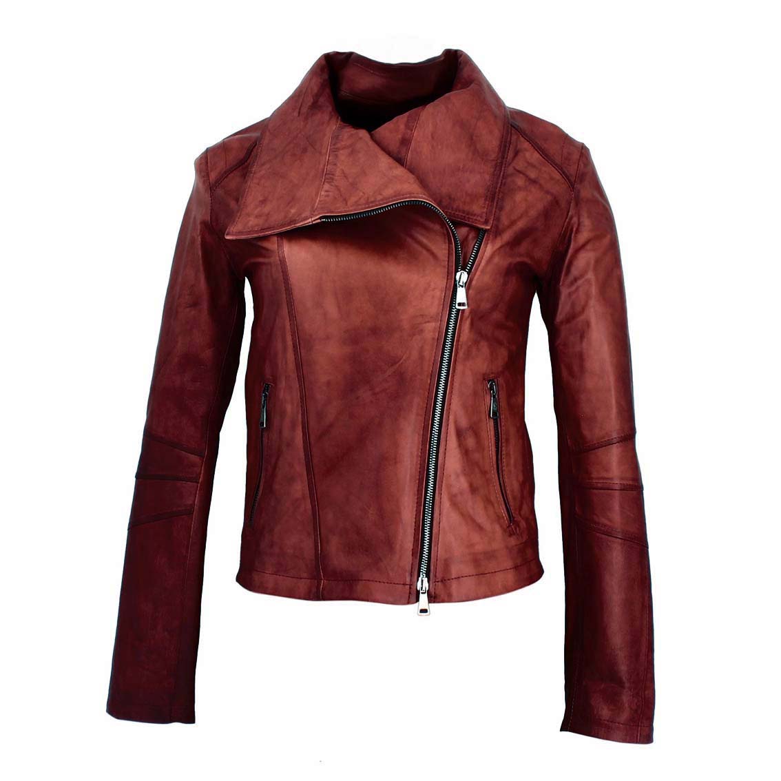 Giacca da donna in pelle bordeaux collo alto e doppio petto - LeonardoShoes
