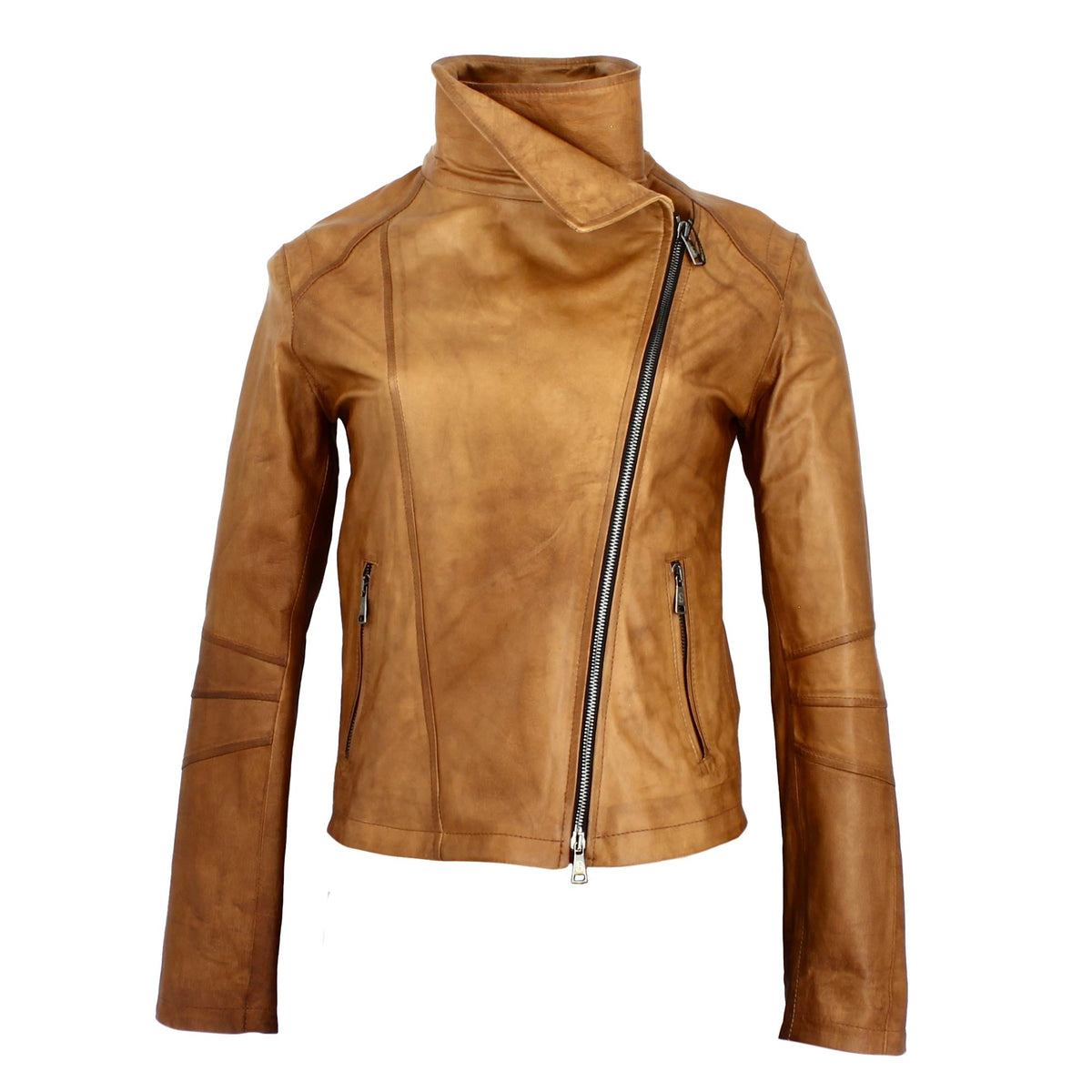 Giacca da donna in pelle marrone collo alto e doppio petto - LeonardoShoes