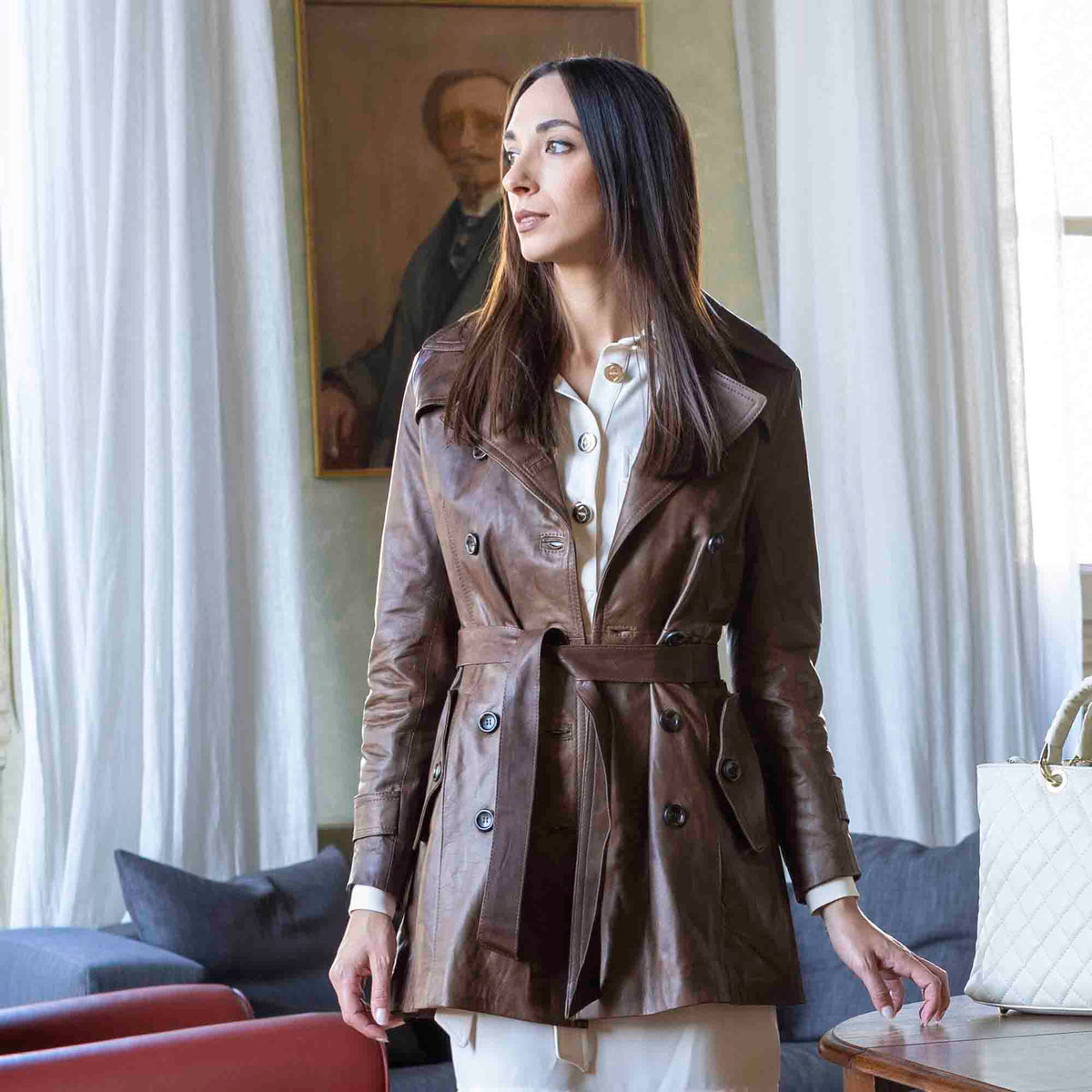 Giacca da donna stile trench in pelle alta qualità colore marrone - LeonardoShoes