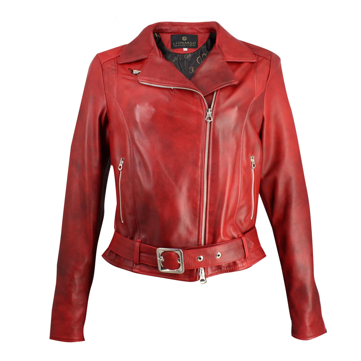 Giacca da donna in pelle rossa con doppio petto