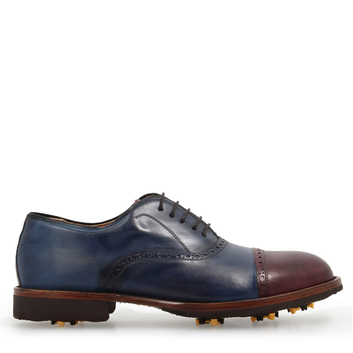Scarpe da golf artigianali in pelle colore blu e bordeaux tinta a mano - LeonardoShoes