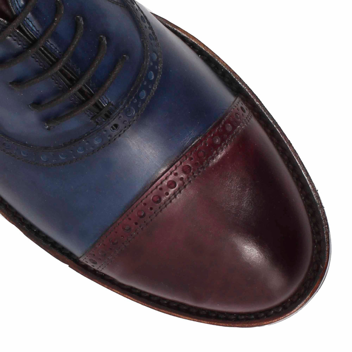 Scarpe da golf artigianali in pelle colore blu e bordeaux tinta a mano - LeonardoShoes