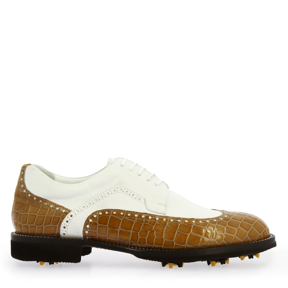 Scarpe da golf artigianali in pelle colore bianco e cocco marrone - LeonardoShoes