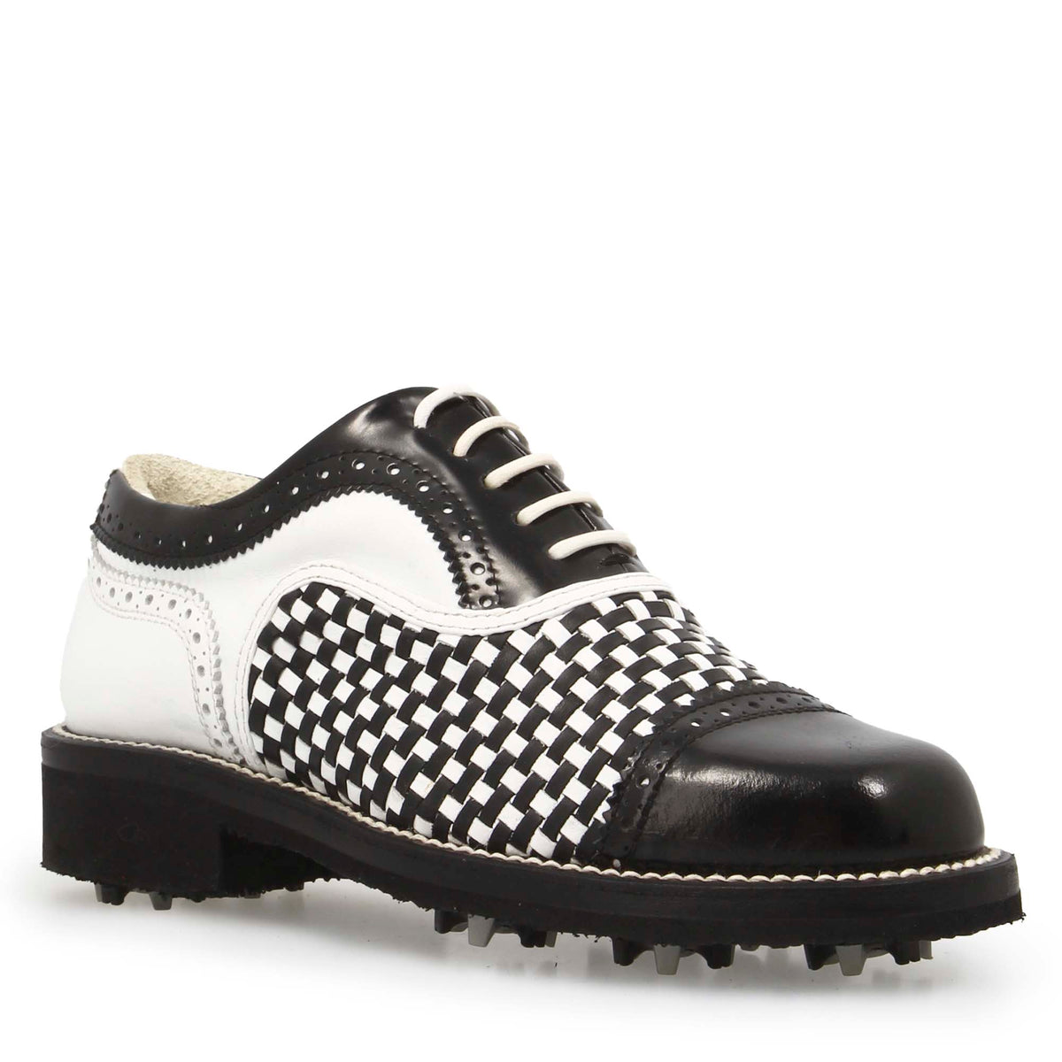 Scarpe da golf artigianali in pelle intrecciata bianca e nera - LeonardoShoes