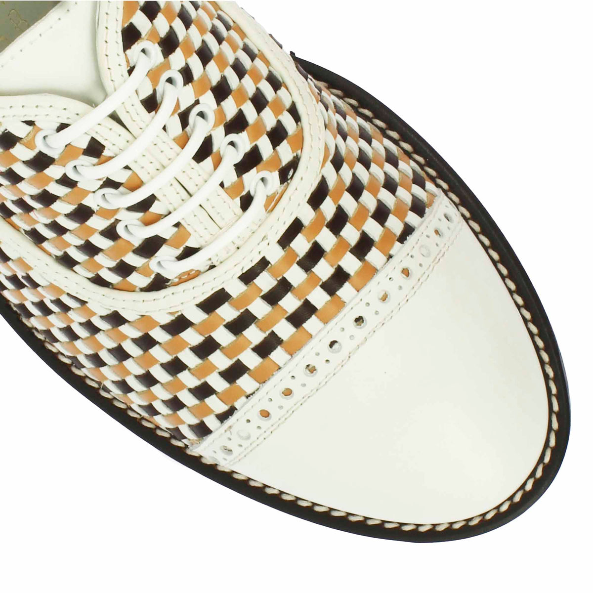 Scarpe da golf artigianali in pelle intrecciata bianca e marrone - LeonardoShoes