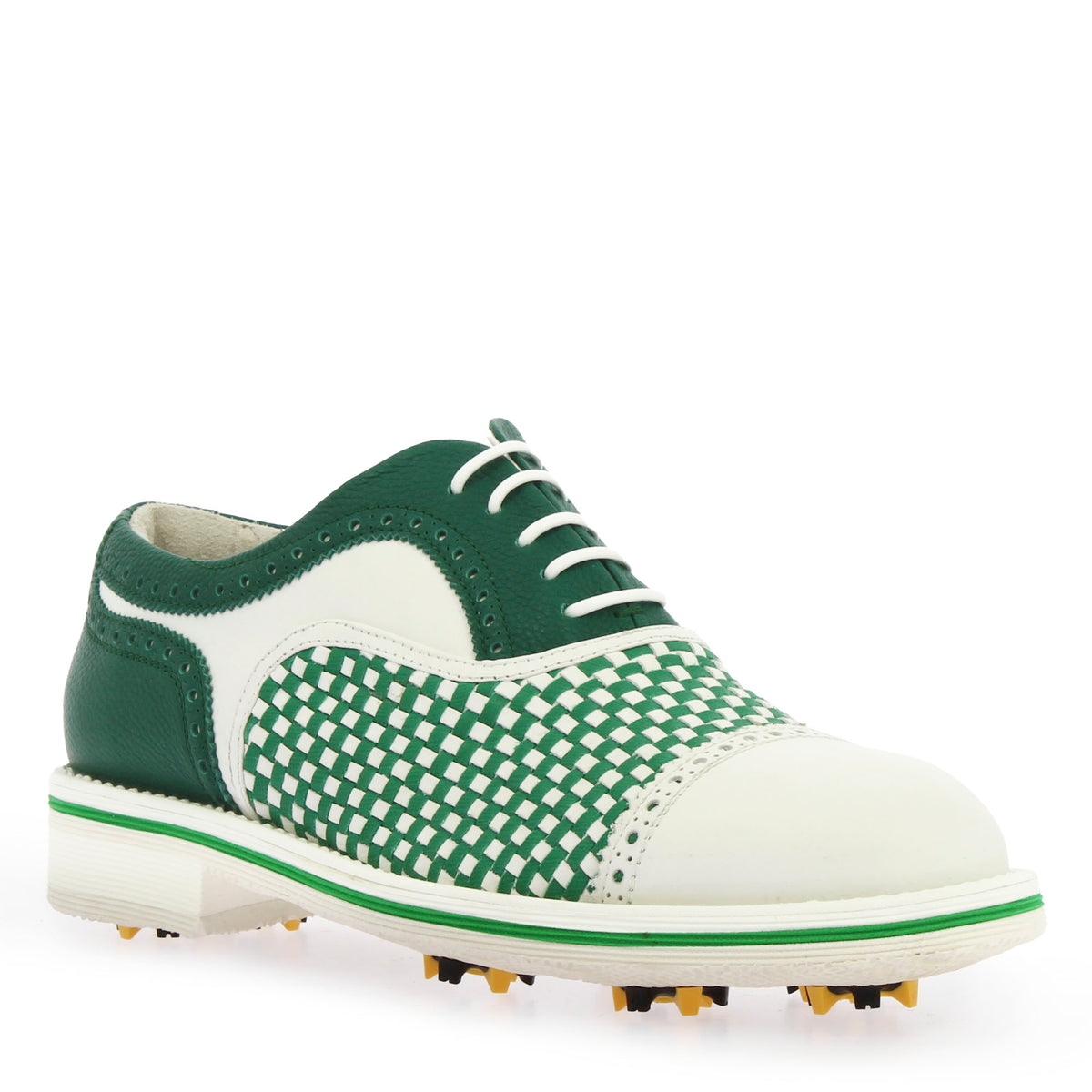 Scarpe da golf artigianali in pelle intrecciata bianca e verde - LeonardoShoes