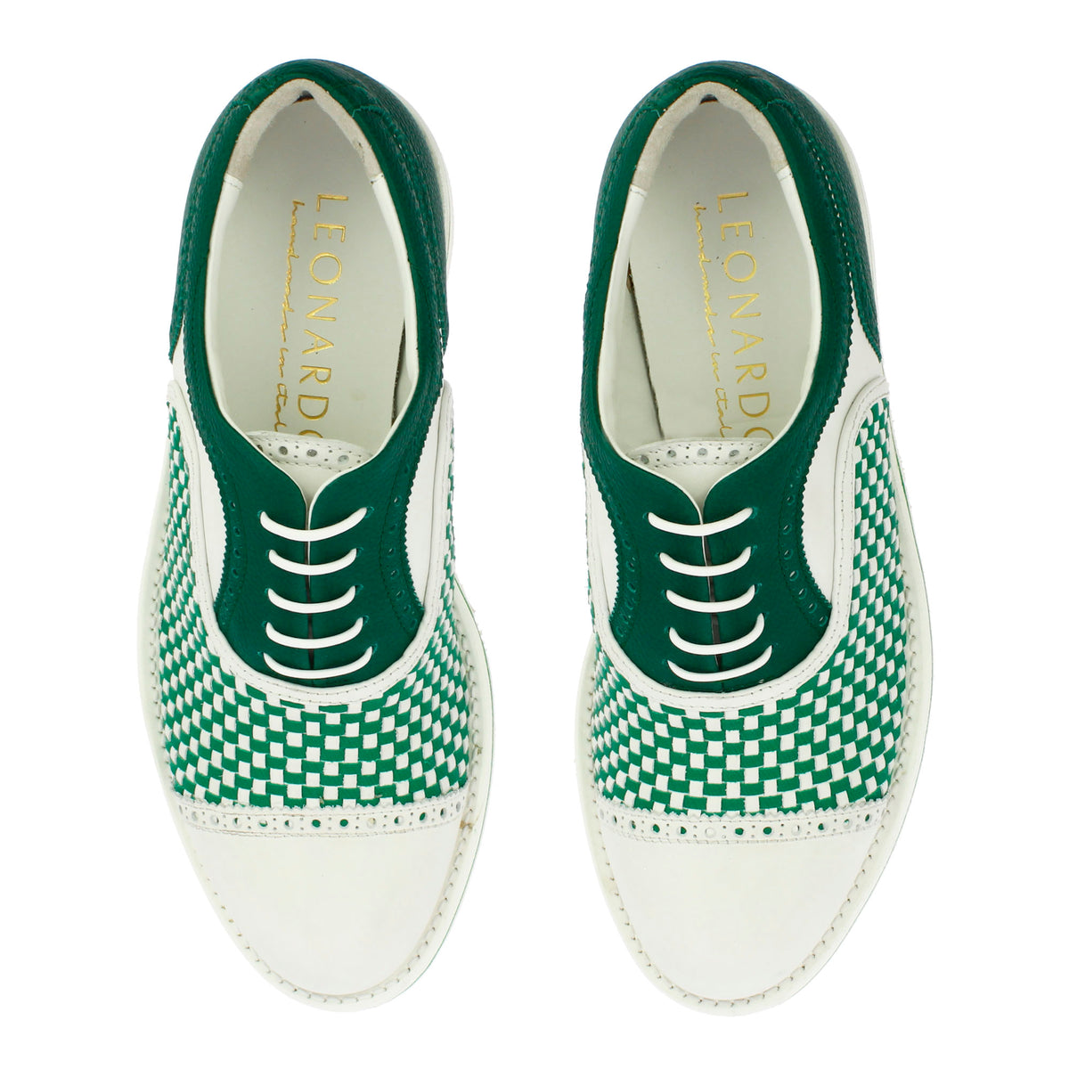Scarpe da golf artigianali in pelle intrecciata bianca e verde - LeonardoShoes