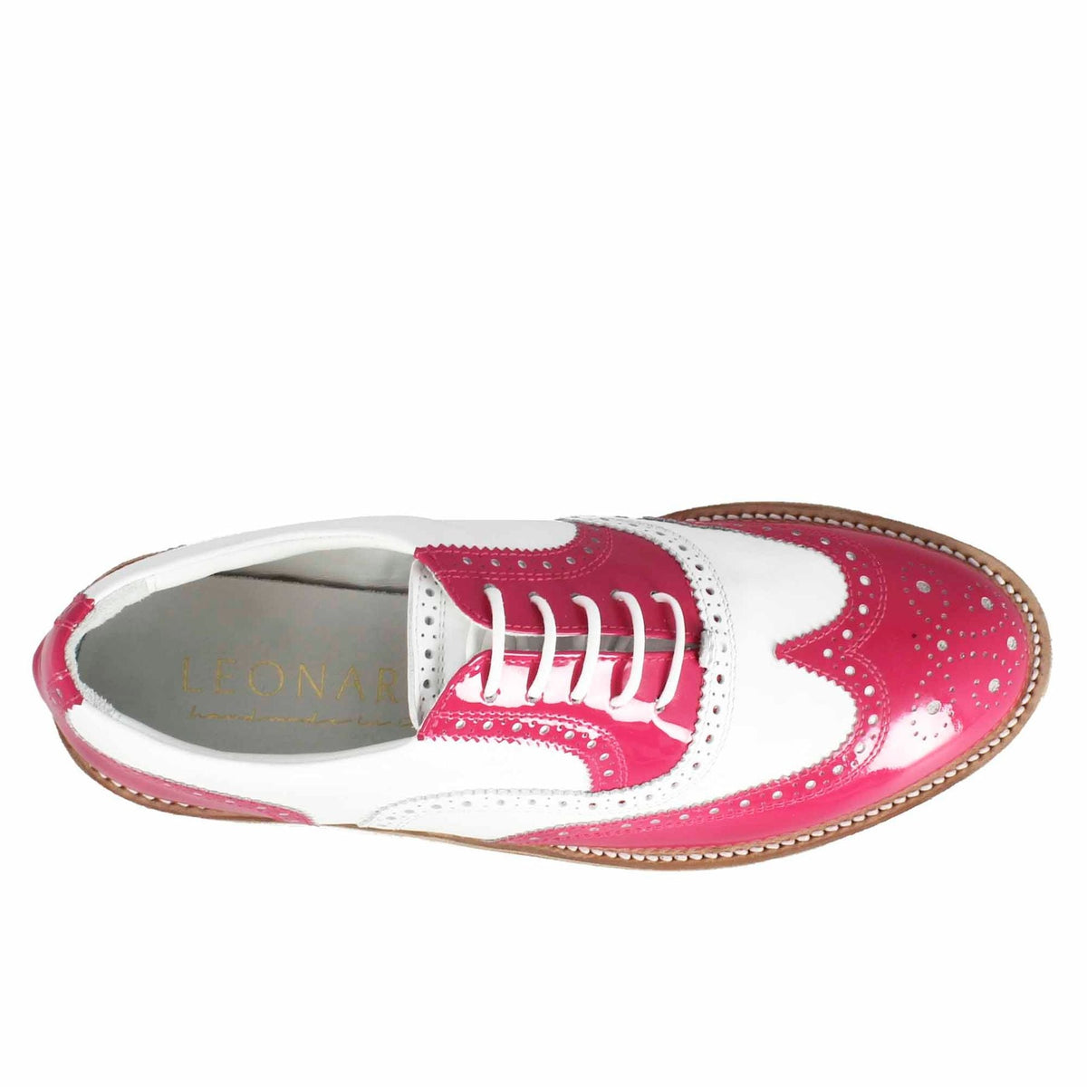 Scarpe golf fatte a mano in pelle lucida colore bianco rosa. - LeonardoShoes