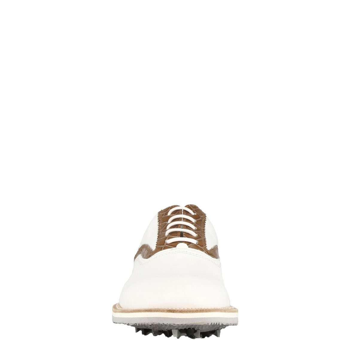 Scarpe da golf artigianali in pelle bianca con dettagli in colore marrone chiaro. - LeonardoShoes