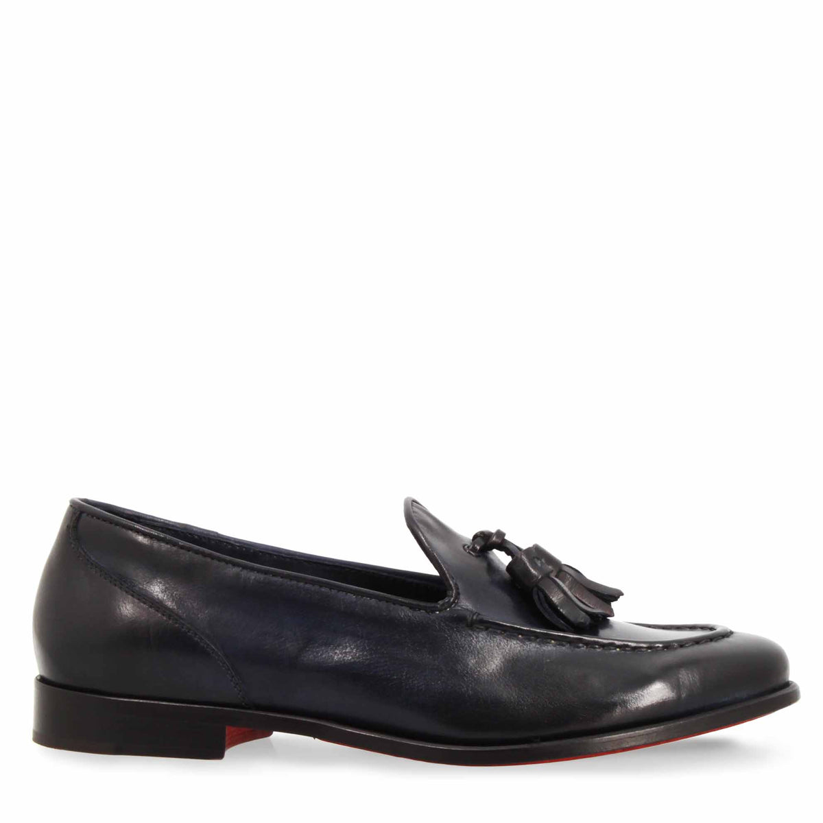 Mocassini da donna artigianali in pelle blu con nappine - LeonardoShoes