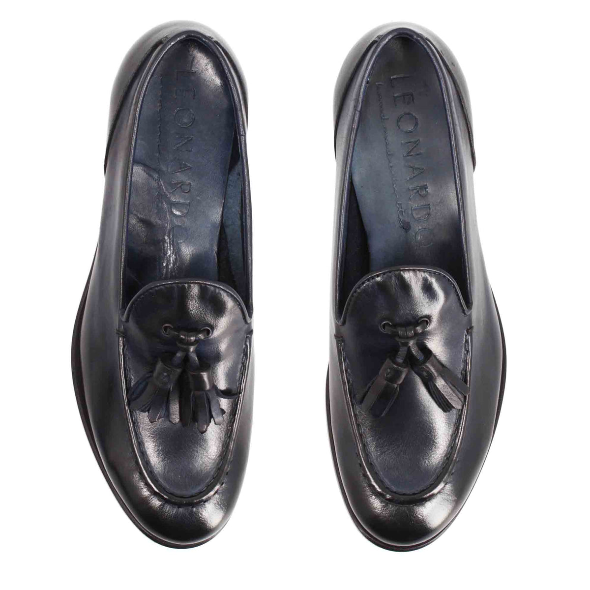 Mocassini da donna artigianali in pelle blu con nappine - LeonardoShoes