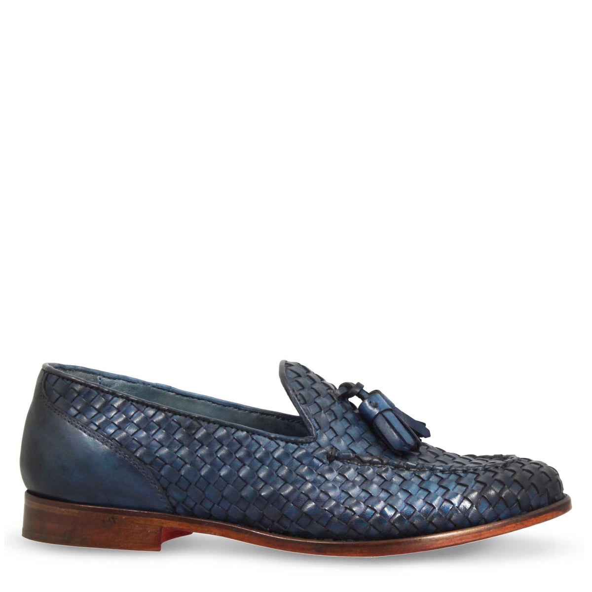 Mocassini da donna artigianali in pelle intrecciata blu con nappine - LeonardoShoes