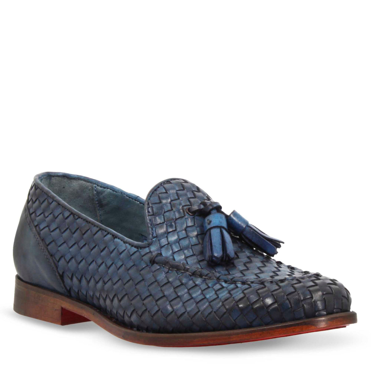 Mocassini da donna artigianali in pelle intrecciata blu con nappine - LeonardoShoes