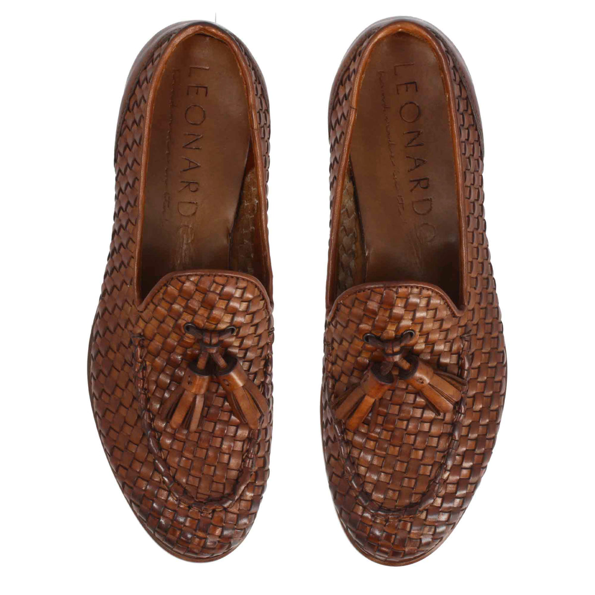 Mocassini artigianali da donna in pelle intrecciata marrone con nappine - LeonardoShoes