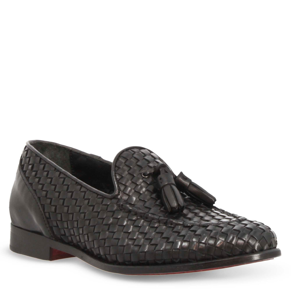 Mocassini da donna artigianali in pelle intrecciata nero con nappine - LeonardoShoes