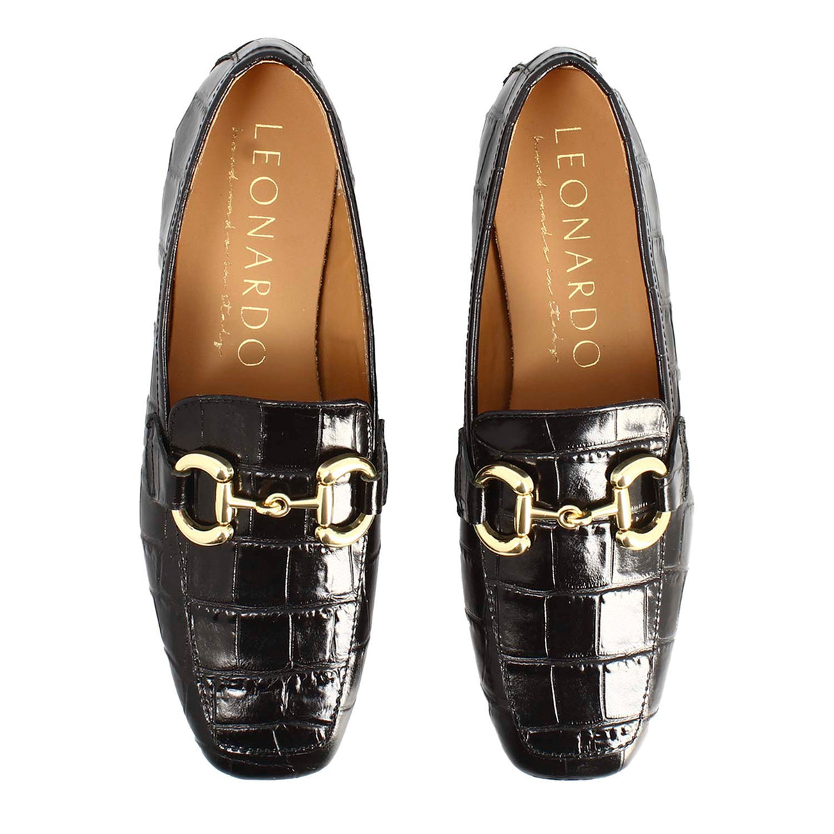 Mocassino artigianale da donna in pelle stampa cocco nero con morsetto - LeonardoShoes