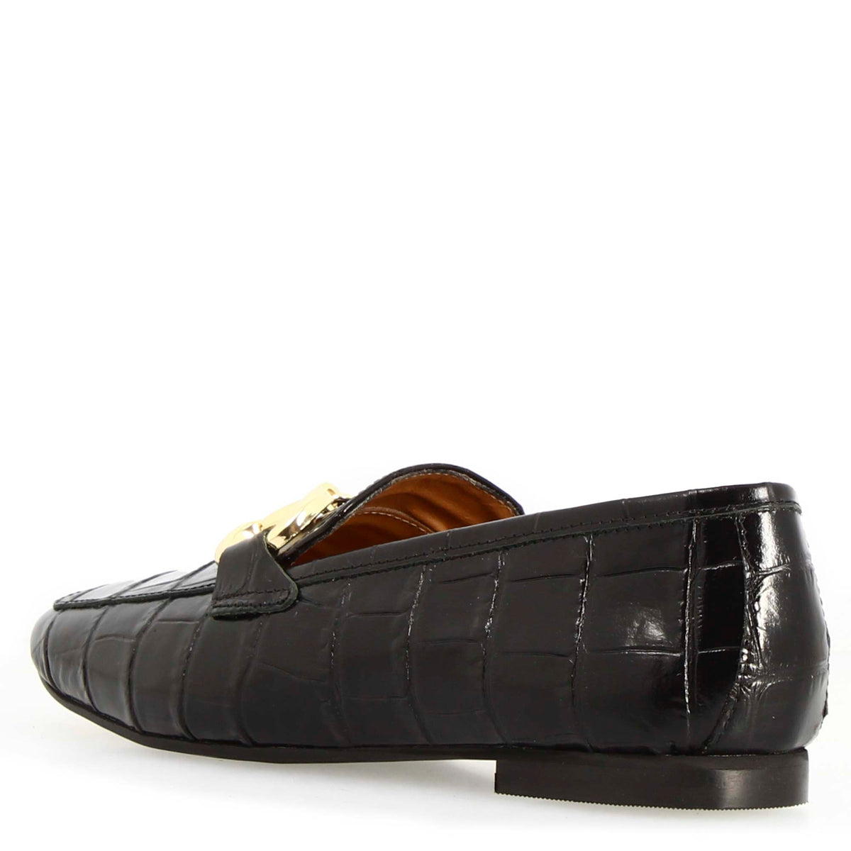Mocassino artigianale da donna in pelle stampa cocco nero con morsetto - LeonardoShoes