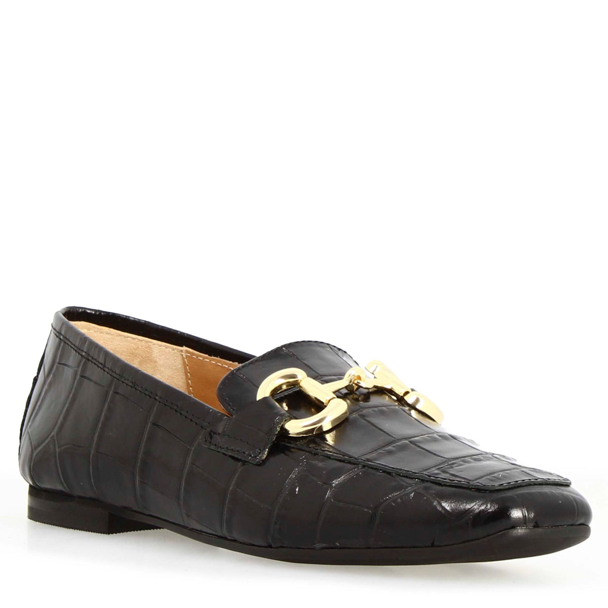 Mocassino artigianale da donna in pelle stampa cocco nero con morsetto - LeonardoShoes