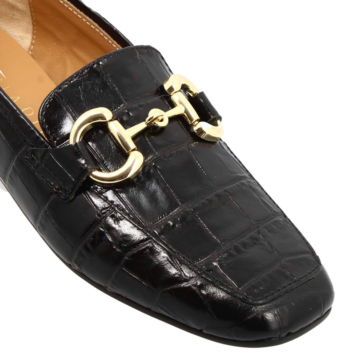 Mocassino artigianale da donna in pelle stampa cocco nero con morsetto - LeonardoShoes