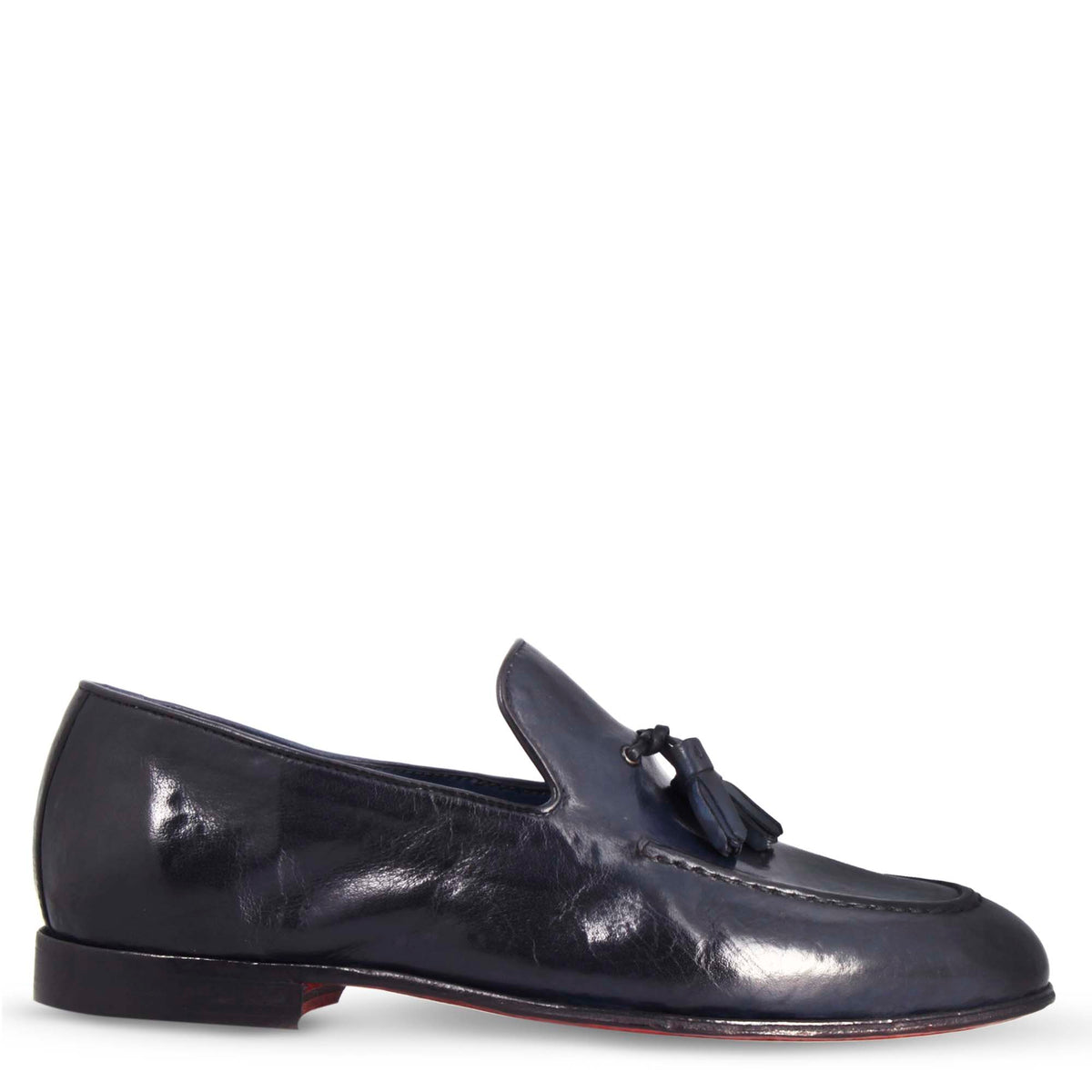 Mocassino blu da uomo artigianali in pelle con nappine - LeonardoShoes