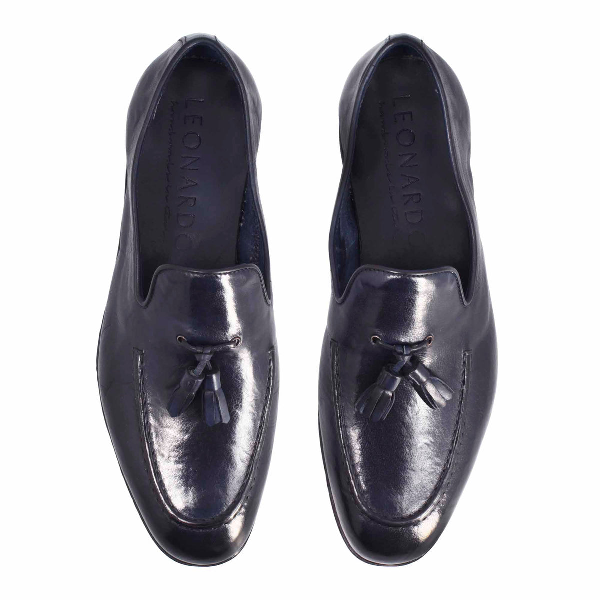 Mocassino blu da uomo artigianali in pelle con nappine - LeonardoShoes