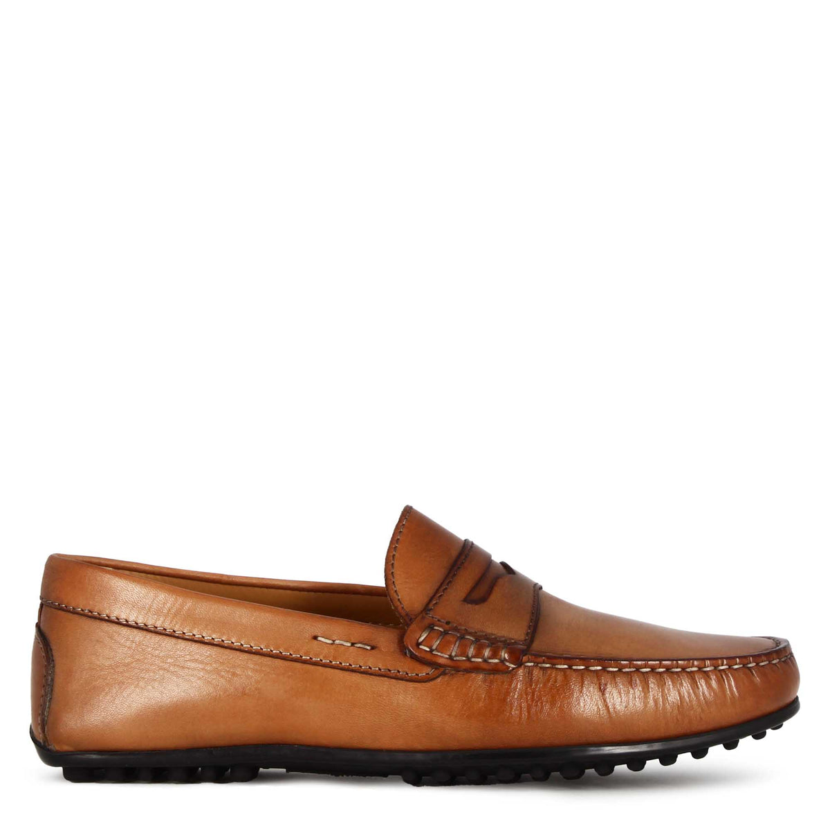 Mocassino casual da uomo in pelle colore marrone con suola con gommini - LeonardoShoes