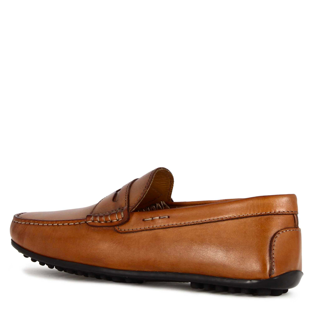Mocassino casual da uomo in pelle colore marrone con suola con gommini - LeonardoShoes